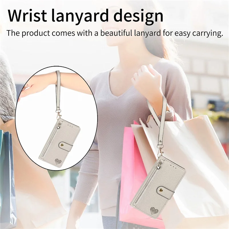 For iPhone 13 Pro Case RFID Blocking Zipper Leather Phone Cover with Wallet Card Slots - Grey
