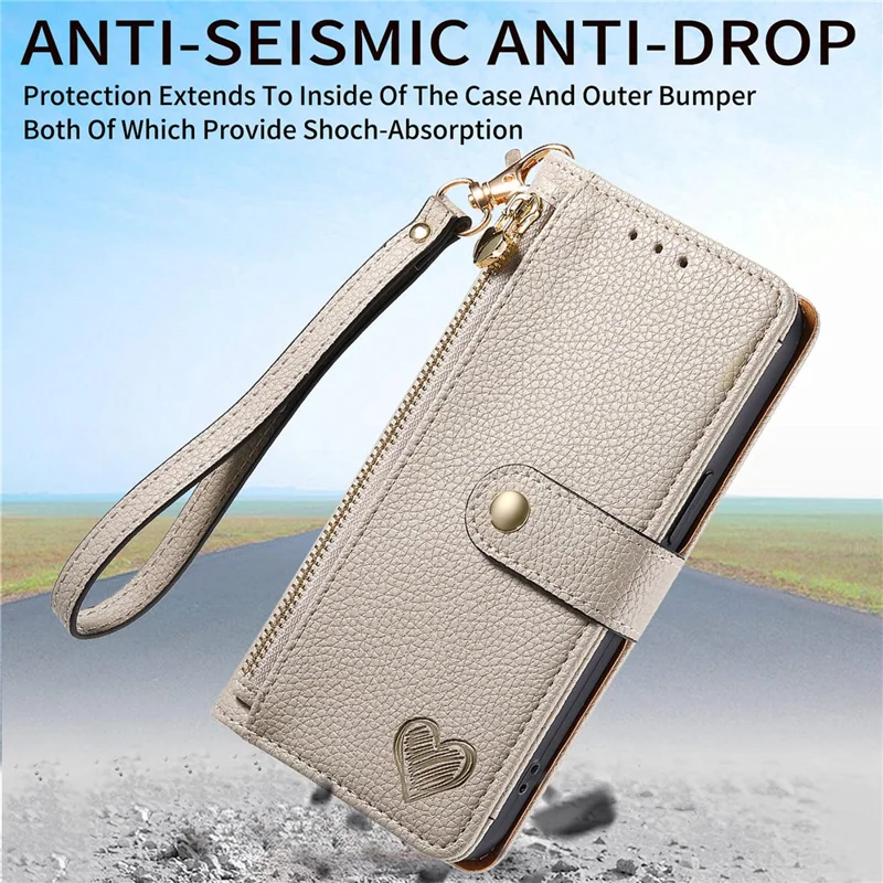 For iPhone 13 Pro Case RFID Blocking Zipper Leather Phone Cover with Wallet Card Slots - Grey