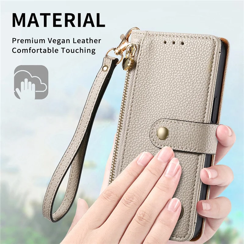 For iPhone 13 Pro Case RFID Blocking Zipper Leather Phone Cover with Wallet Card Slots - Grey