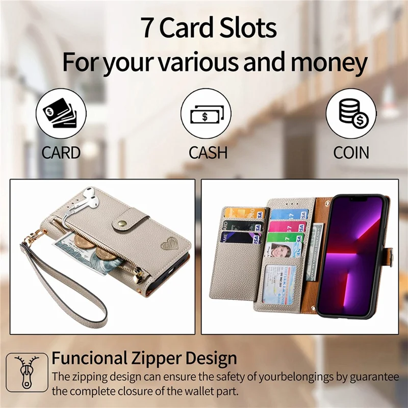 For iPhone 13 Pro Case RFID Blocking Zipper Leather Phone Cover with Wallet Card Slots - Grey
