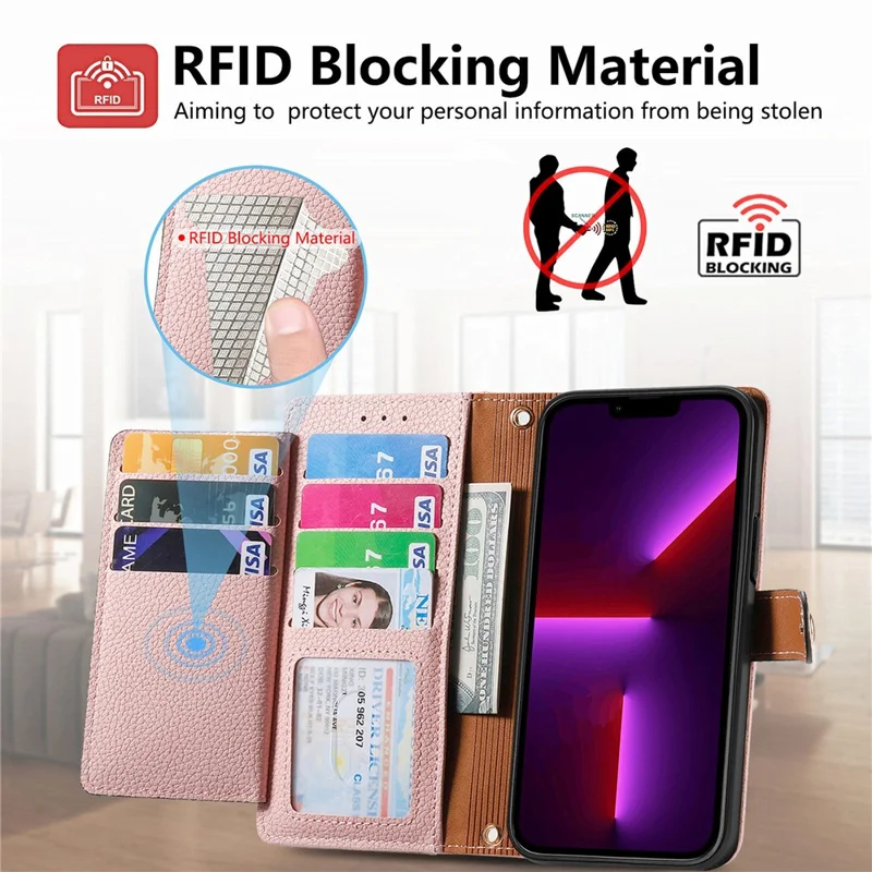 Для Iphone 13 Pro Case RFID -блокировку на Молнии на Молнии Обложки Телефона с Кошельками Слоты Для Кошелька - Розовый