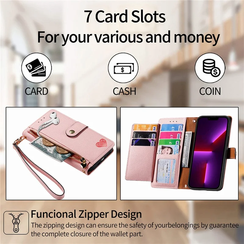 Для Iphone 13 Pro Case RFID -блокировку на Молнии на Молнии Обложки Телефона с Кошельками Слоты Для Кошелька - Розовый