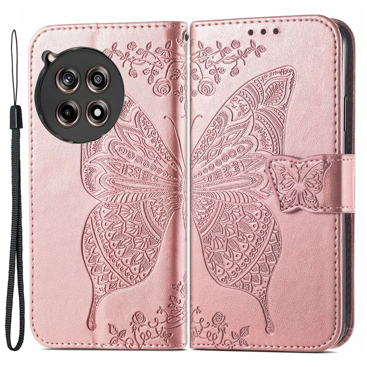 For OnePlus 12R 5G / Ace 3 5G Magnetic Phone Case Folio Stand Butterfly Imprinted Cover - Rose Gold