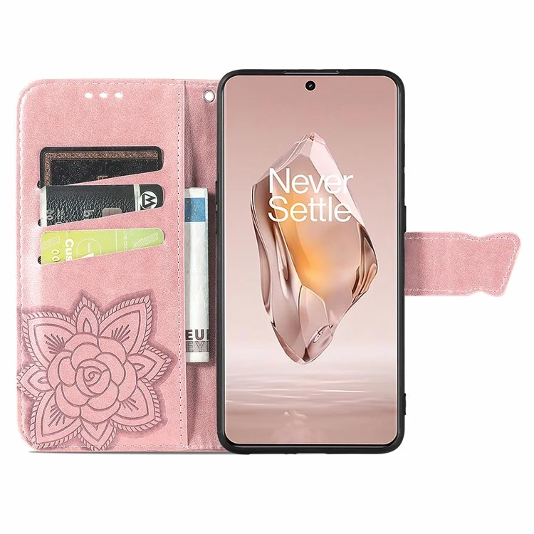 For OnePlus 12R 5G / Ace 3 5G Magnetic Phone Case Folio Stand Butterfly Imprinted Cover - Rose Gold