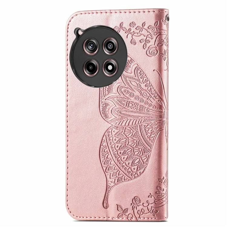 For OnePlus 12R 5G / Ace 3 5G Magnetic Phone Case Folio Stand Butterfly Imprinted Cover - Rose Gold