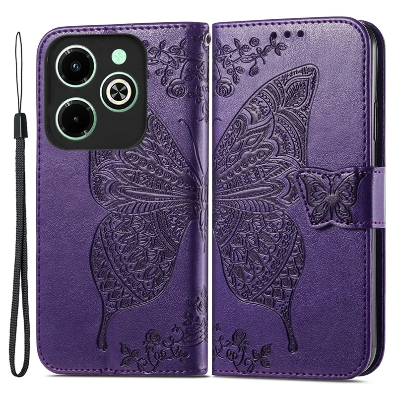 For Infinix Hot 40i Case Butterfly Imprinted Phone Cover with Hand Strap - Dark Purple