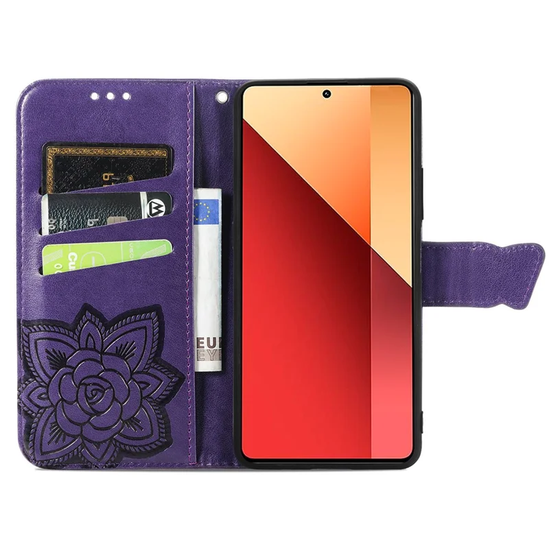 Чехол для телефона Xiaomi Redmi Note 13 Pro 4G / Poco M6 Pro 4G с бабочкой и держателем для карт - темно-фиолетовый