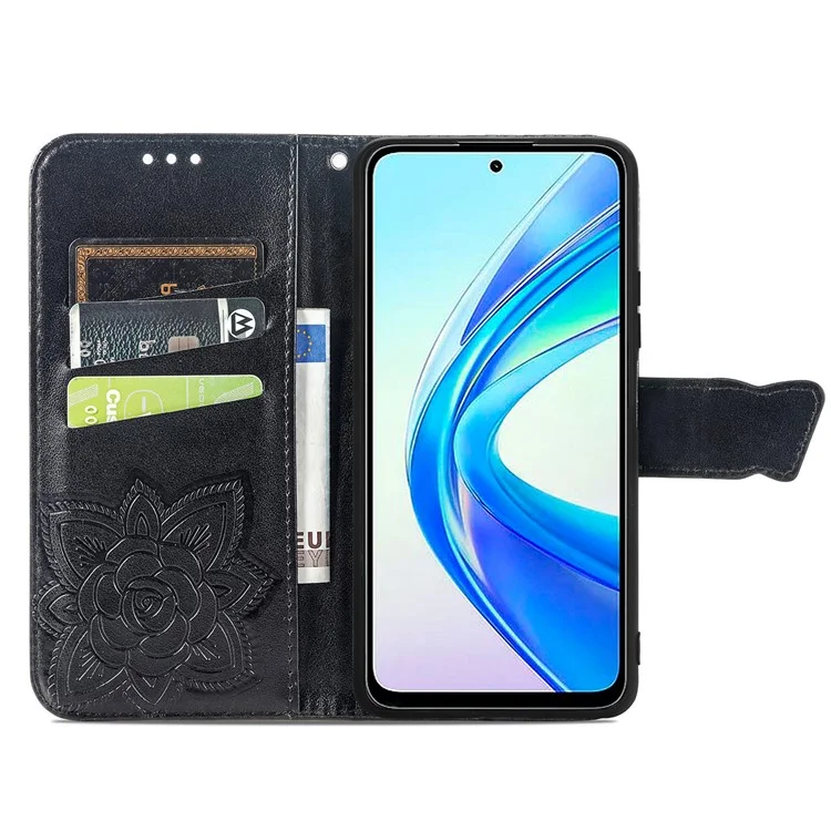 Per Honor X7b 4G / 90 Custodia protettiva smart a prova di urti Stile portafoglio con motivo a farfalla - Nero 