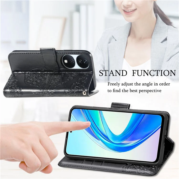 Per Honor X7b 4G / 90 Custodia protettiva smart a prova di urti Stile portafoglio con motivo a farfalla - Nero 