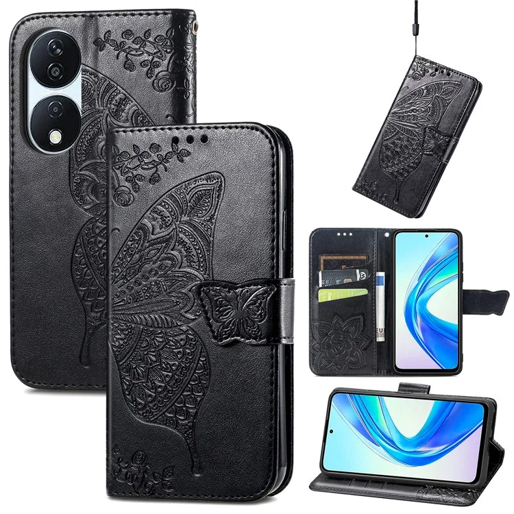 Per Honor X7b 4G / 90 Custodia protettiva smart a prova di urti Stile portafoglio con motivo a farfalla - Nero 