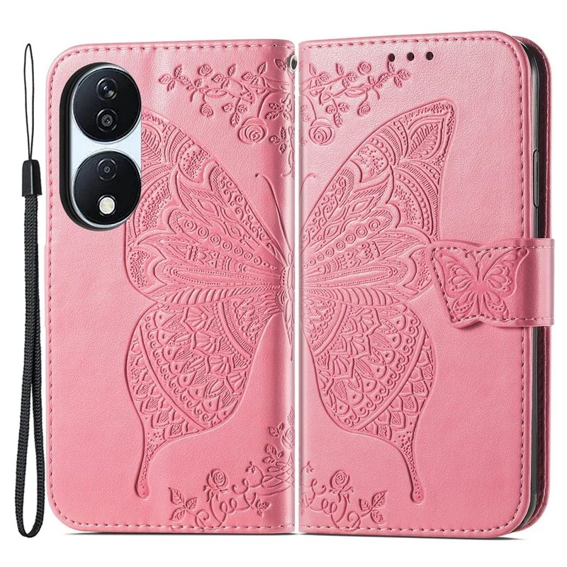 For Honor X7b 4G / 90 Smart Shockproof Case Butterfly Pattern Wallet Style Phone Guard Cover - Pink