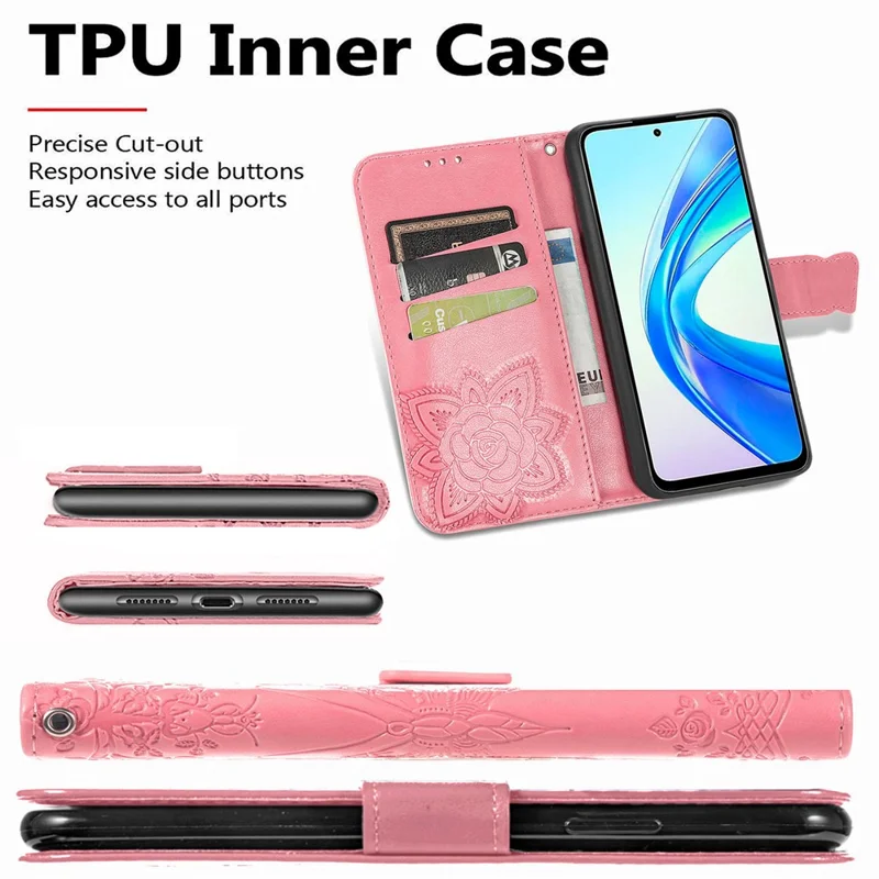 For Honor X7b 4G / 90 Smart Shockproof Case Butterfly Pattern Wallet Style Phone Guard Cover - Pink