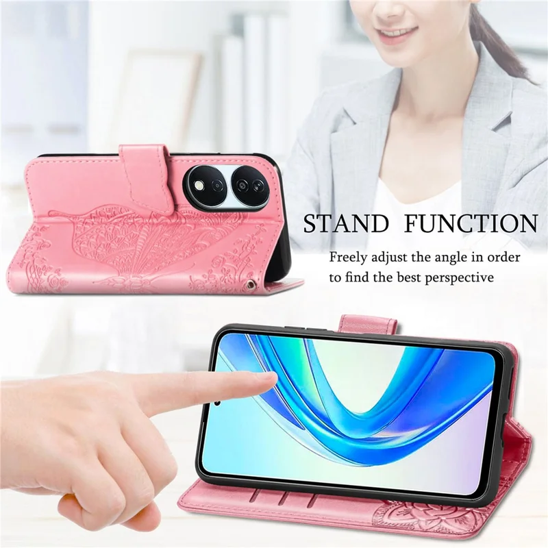 For Honor X7b 4G / 90 Smart Shockproof Case Butterfly Pattern Wallet Style Phone Guard Cover - Pink