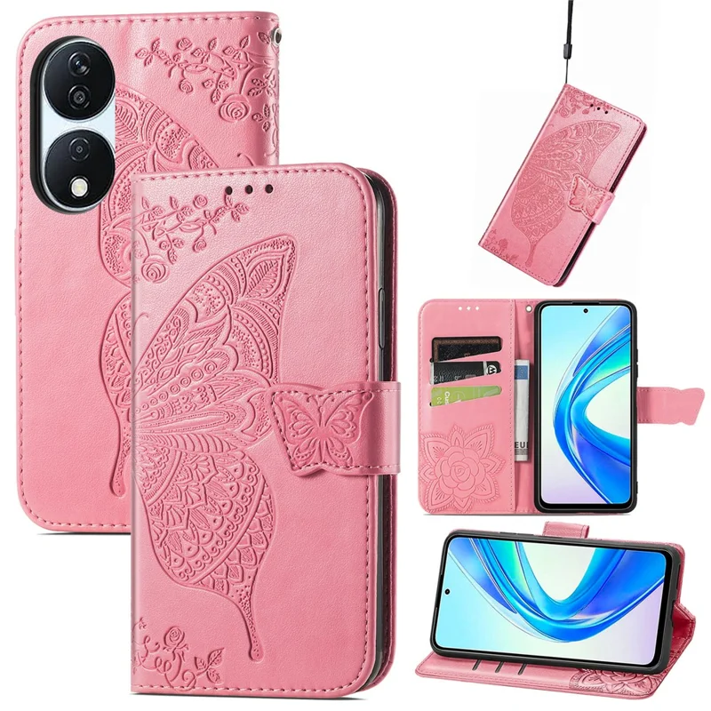 For Honor X7b 4G / 90 Smart Shockproof Case Butterfly Pattern Wallet Style Phone Guard Cover - Pink