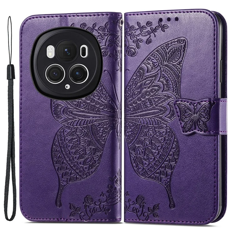 For Honor Magic6 Pro 5G Wallet Case Imprinted Butterfly Pattern Phone Protective Shell - Dark Purple