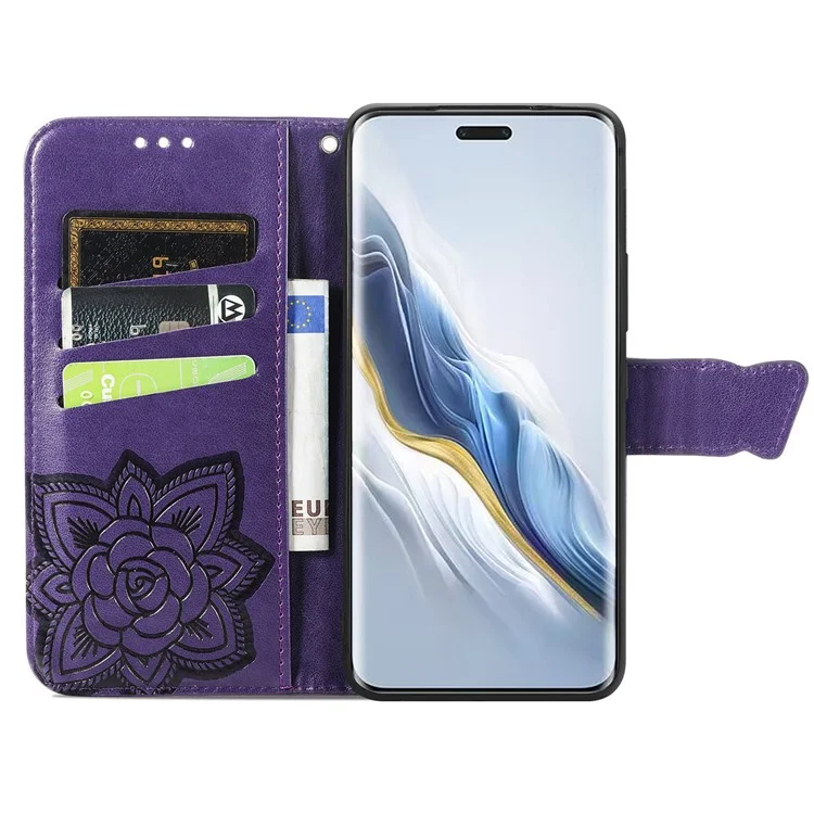 For Honor Magic6 Pro 5G Wallet Case Imprinted Butterfly Pattern Phone Protective Shell - Dark Purple