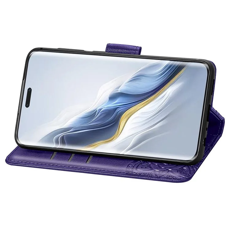 For Honor Magic6 Pro 5G Wallet Case Imprinted Butterfly Pattern Phone Protective Shell - Dark Purple
