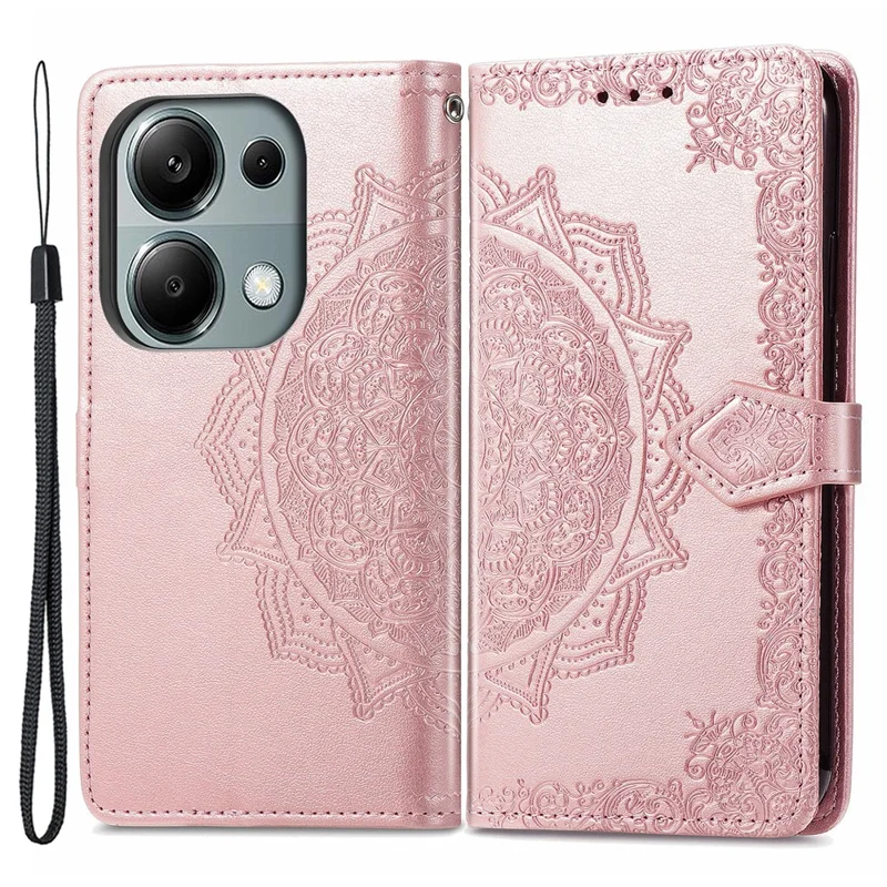 Pour Xiaomi Redmi Note 13 Pro 4G Étui de téléphone magnétique Gaufrage Motif floral mandala Fentes pour cartes Couvercle - Or rose
