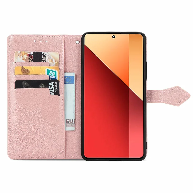 Pour Xiaomi Redmi Note 13 Pro 4G Étui de téléphone magnétique Gaufrage Motif floral mandala Fentes pour cartes Couvercle - Or rose