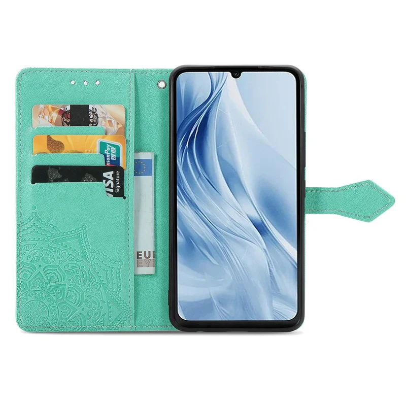 Per Xiaomi Redmi 13C 4G / 13C 5G / 13R 5G / Poco M6 5G / Poco C65 4G Custodia per telefono Mandala Floral Imprinted Card Slots Custodia a libro in pelle - Verde