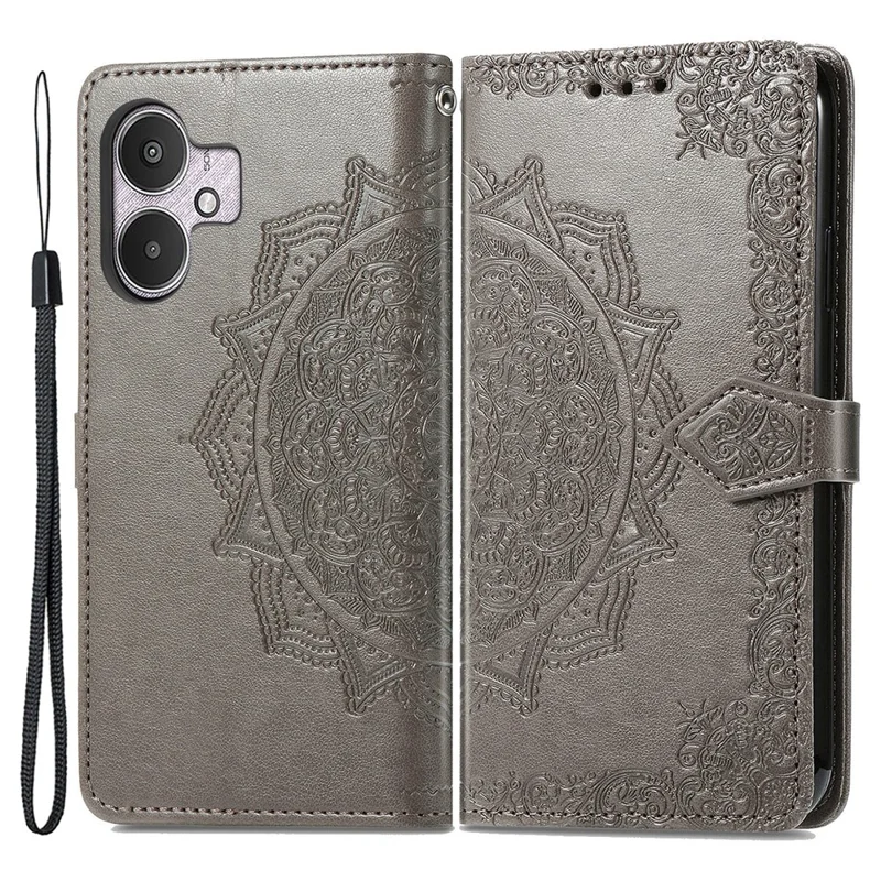 Para Xiaomi Redmi 13C 4G / 13C 5G / 13R 5G / Poco M6 5G / Poco C65 4G Capa de Telefone com Estampa Mandala Floral, Slots para Cartões e Cobertura de Couro - Cinza