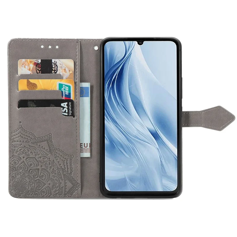 Para Xiaomi Redmi 13C 4G / 13C 5G / 13R 5G / Poco M6 5G / Poco C65 4G Capa de Telefone com Estampa Mandala Floral, Slots para Cartões e Cobertura de Couro - Cinza