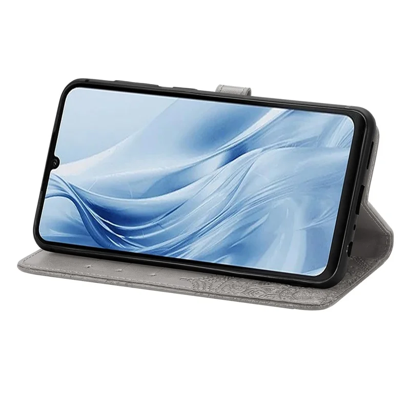 Para Xiaomi Redmi 13C 4G / 13C 5G / 13R 5G / Poco M6 5G / Poco C65 4G Capa de Telefone com Estampa Mandala Floral, Slots para Cartões e Cobertura de Couro - Cinza