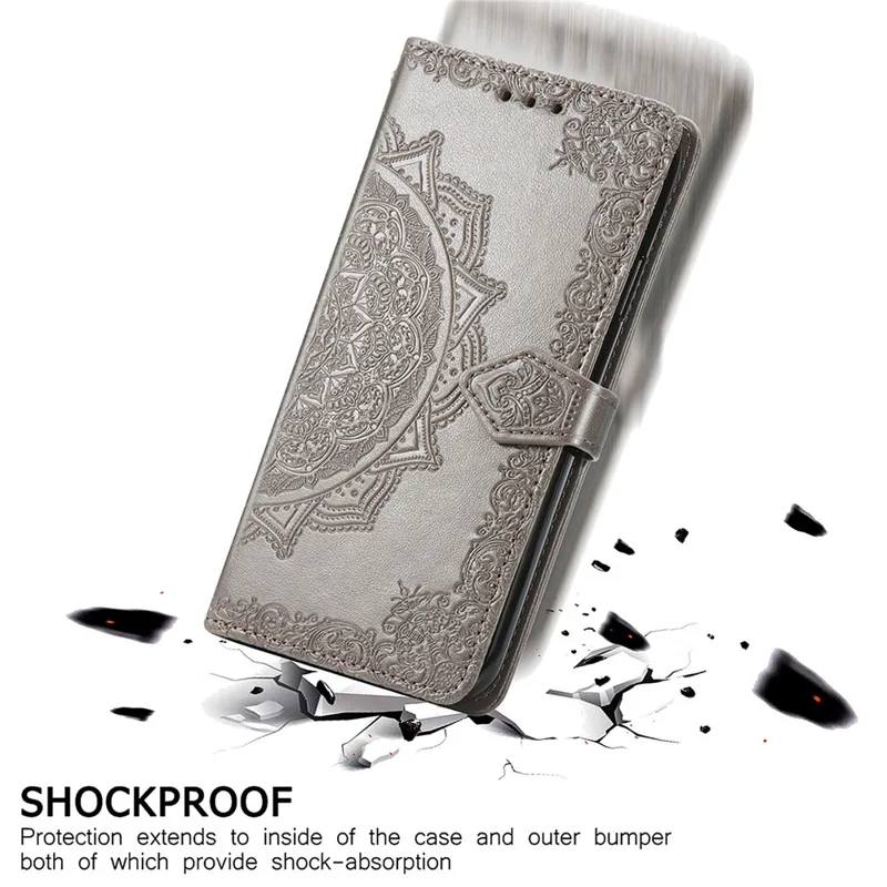 Para Xiaomi Redmi 13C 4G / 13C 5G / 13R 5G / Poco M6 5G / Poco C65 4G Capa de Telefone com Estampa Mandala Floral, Slots para Cartões e Cobertura de Couro - Cinza
