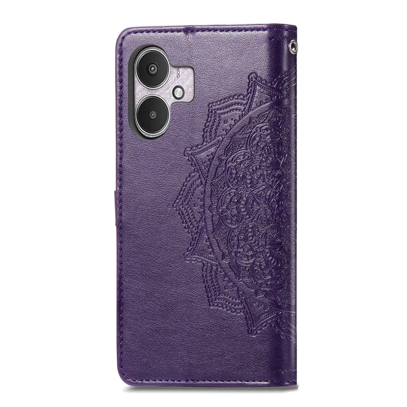 Para Xiaomi Redmi 13C 4G / 13C 5G / 13R 5G / Poco M6 5G / Poco C65 4G Capa de Telefone Mandala Floral Impressa Slots para Cartões Cobertura de Couro Flip - Roxo