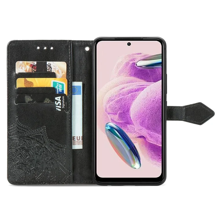 Para Xiaomi Redmi Note 12S 4G Wallet Case Anti-Scratch Leather Emboss Phone Cover with Stand - Black