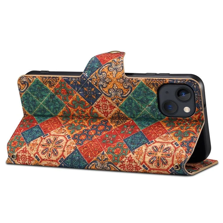 Caso de Couro para iPhone 15 Folding Stand Wallet Phone Cover Flower Printing - Winter / Blue