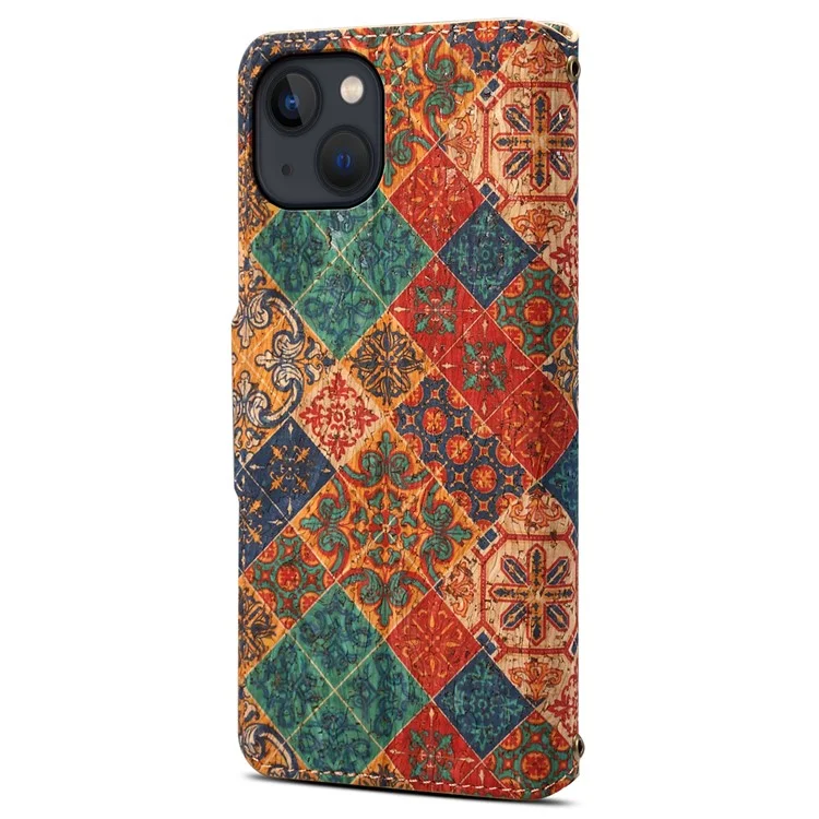 Caso de Couro para iPhone 15 Folding Stand Wallet Phone Cover Flower Printing - Winter / Blue