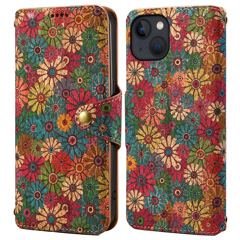 For iPhone 14 Phone Case Wallet Stand Four Season Flower Flip Leather Cover - Spring / Green