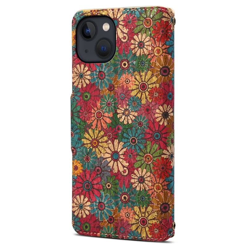For iPhone 14 Phone Case Wallet Stand Four Season Flower Flip Leather Cover - Spring / Green