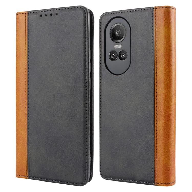 Для Oppo Reno10 Pro 5G (Global) Чехол Color Splicing Leather Phone Wallet Cover - Черный+Желтый