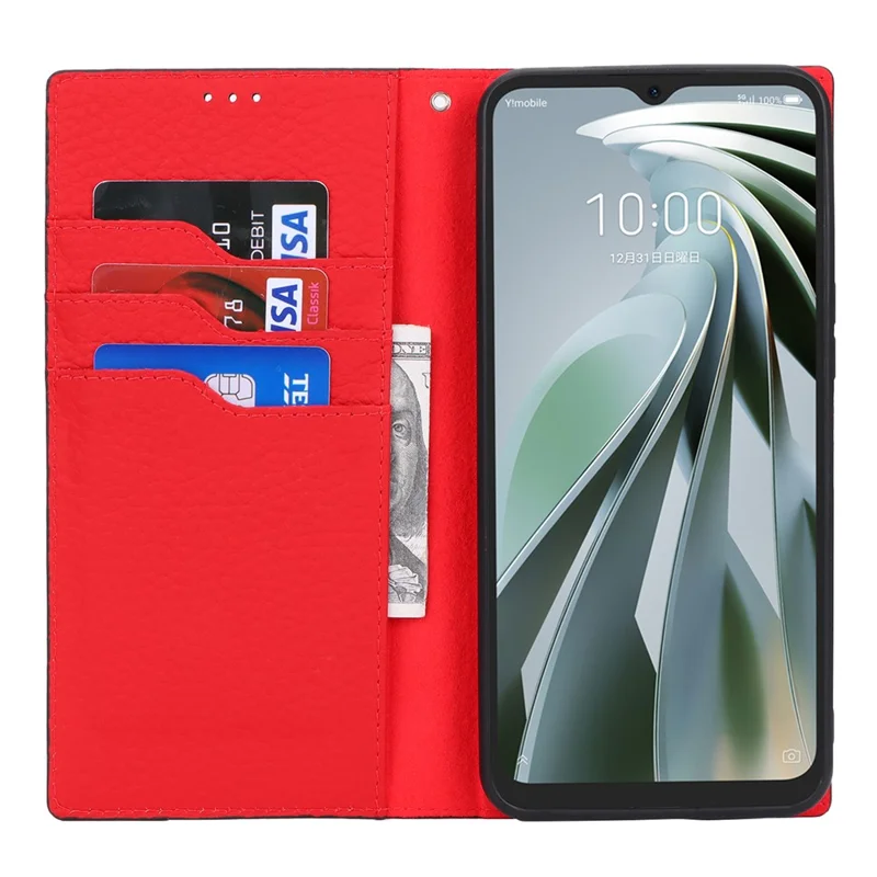 For ZTE Libero 5G IV Case Genuine Cow Leather Litchi Texture Flip Phone Cover - Black