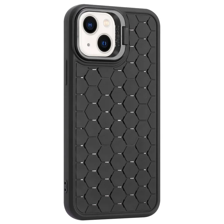 For iPhone 14 Magnetic Case Honeycomb Texture Lens Frame Kickstand TPU Phone Cover - Black