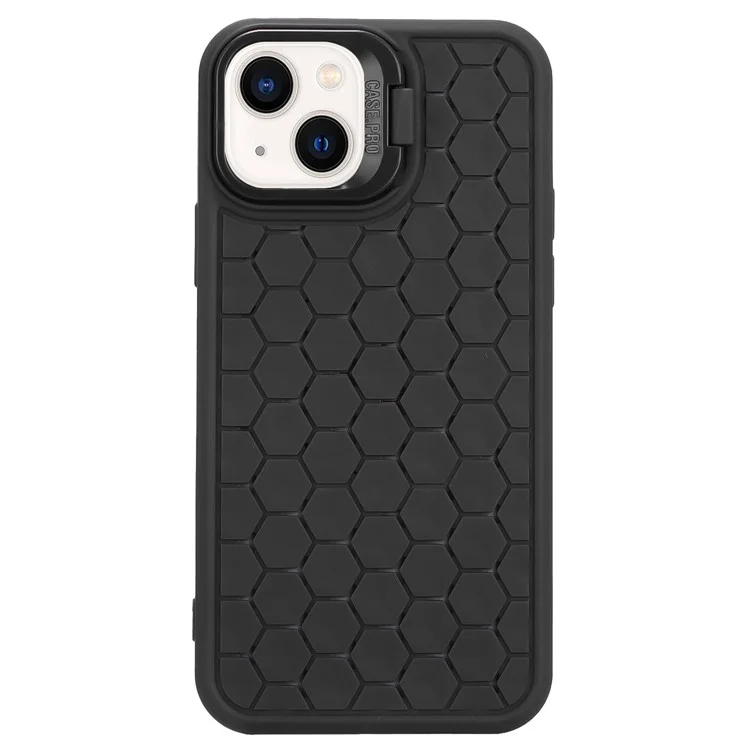 For iPhone 14 Magnetic Case Honeycomb Texture Lens Frame Kickstand TPU Phone Cover - Black