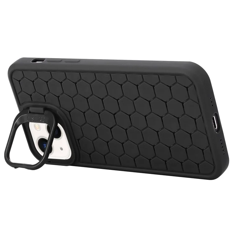For iPhone 14 Magnetic Case Honeycomb Texture Lens Frame Kickstand TPU Phone Cover - Black