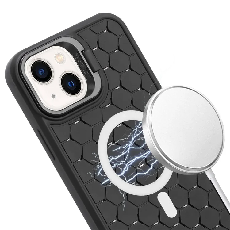 For iPhone 14 Magnetic Case Honeycomb Texture Lens Frame Kickstand TPU Phone Cover - Black