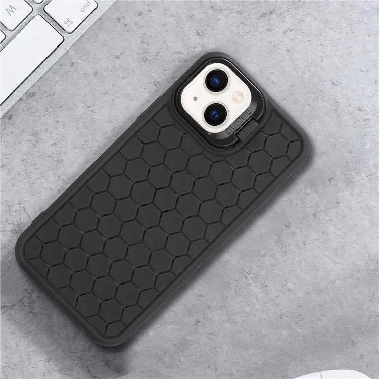 For iPhone 14 Magnetic Case Honeycomb Texture Lens Frame Kickstand TPU Phone Cover - Black