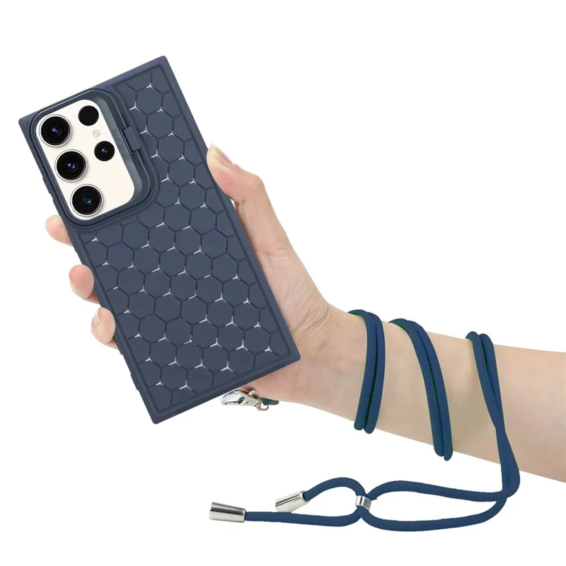 For Samsung Galaxy S24 Ultra Magnetic Case Kickstand Breathable TPU Phone Cover with Lanyard - Dark Blue