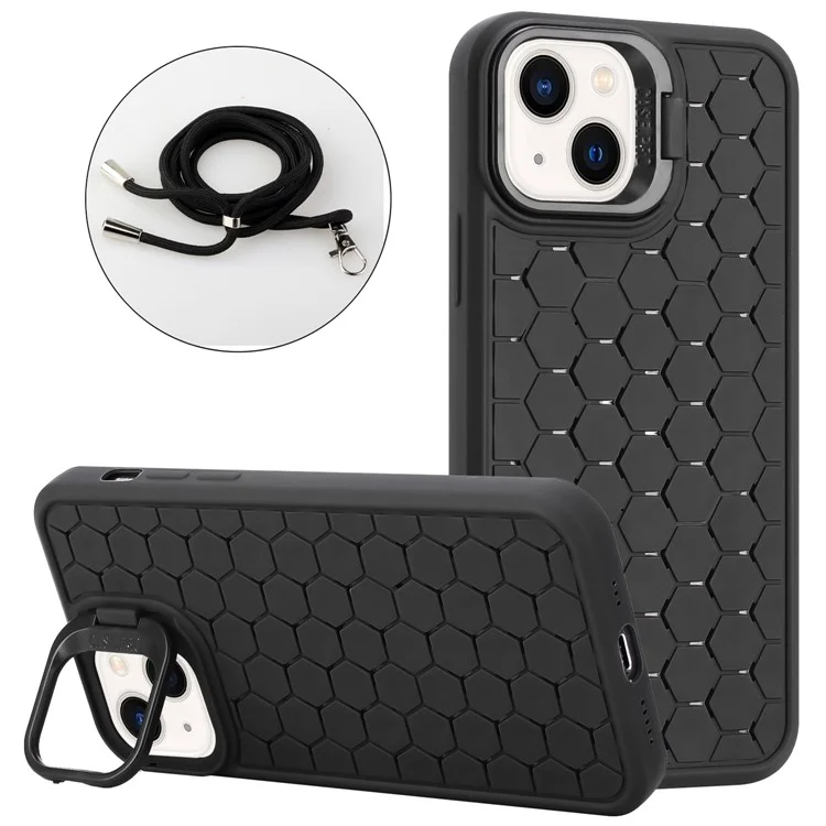 For iPhone 14 Plus Magnetic Case Invisible Kickstand TPU Phone Cover with Lanyard - Black
