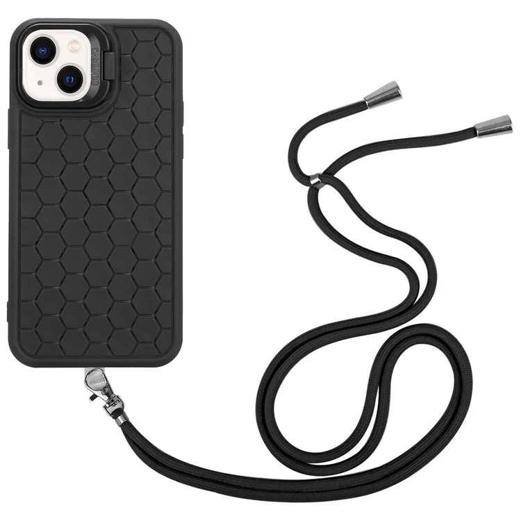 For iPhone 14 Plus Magnetic Case Invisible Kickstand TPU Phone Cover with Lanyard - Black
