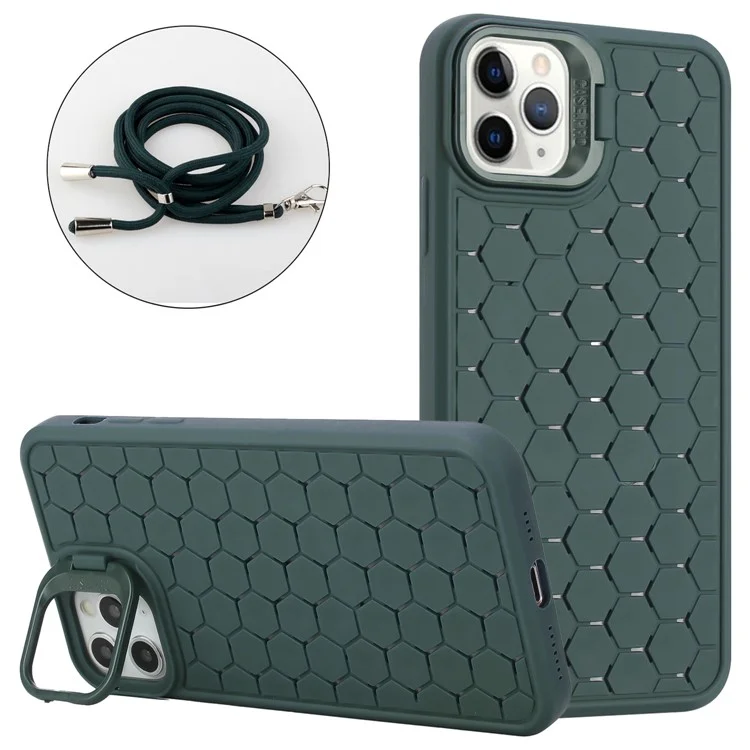 For iPhone 11 Pro Max Magnetic Case Crossbody Strap TPU Breathable Phone Cover - Army Green