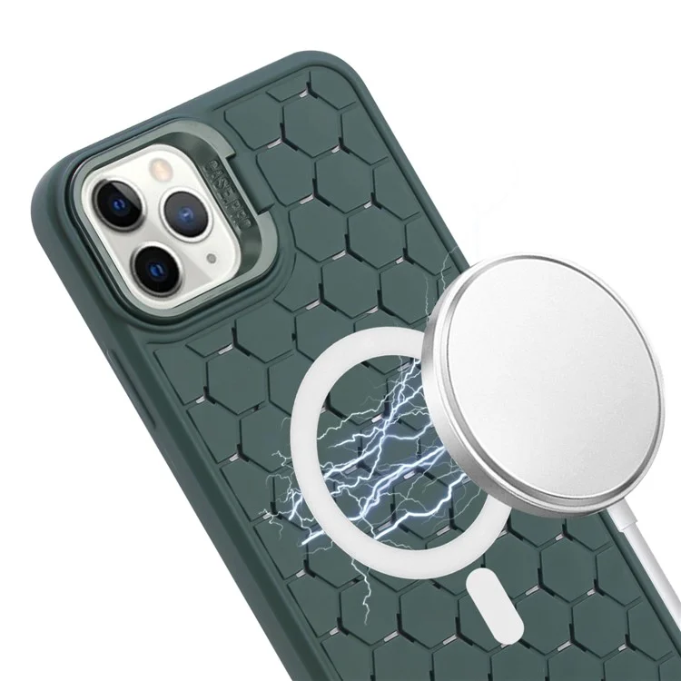 For iPhone 11 Pro Max Magnetic Case Crossbody Strap TPU Breathable Phone Cover - Army Green