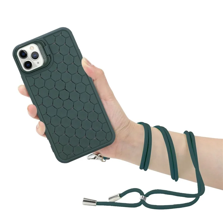 For iPhone 11 Pro Max Magnetic Case Crossbody Strap TPU Breathable Phone Cover - Army Green