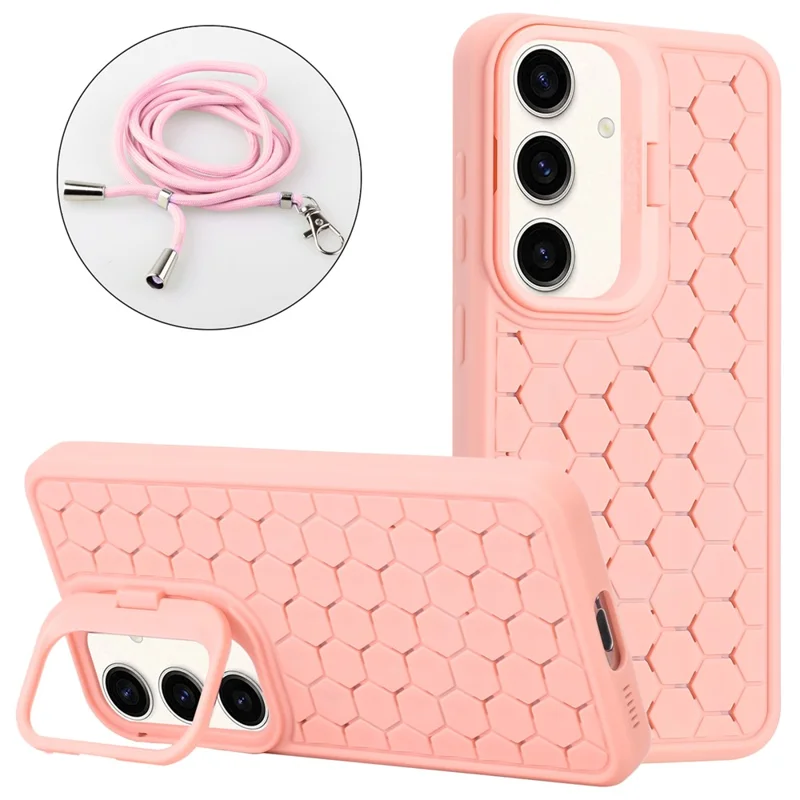 For Samsung Galaxy S24+ Magnetic Phone Case Lens Frame Kickstand TPU Cover with Lanyard - Pink