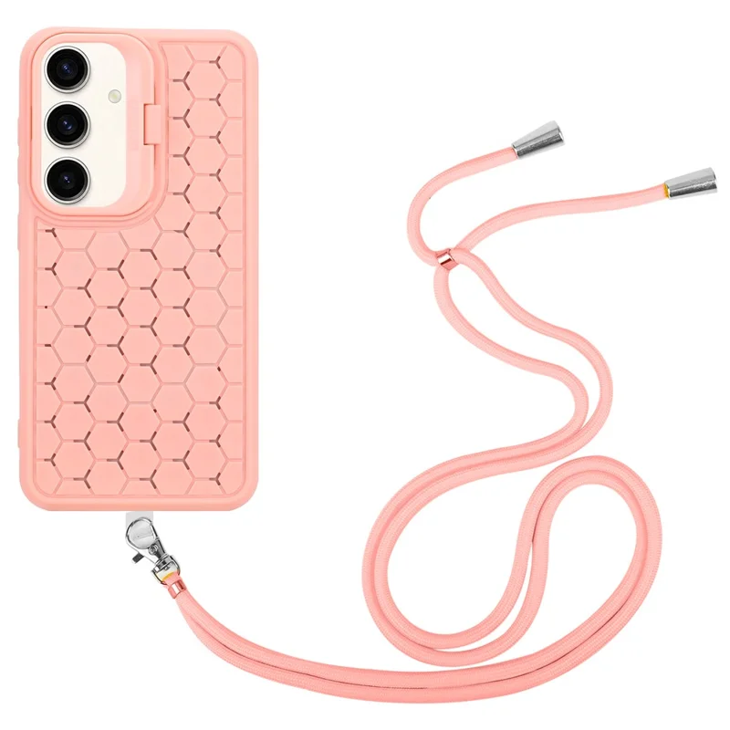 For Samsung Galaxy S24+ Magnetic Phone Case Lens Frame Kickstand TPU Cover with Lanyard - Pink