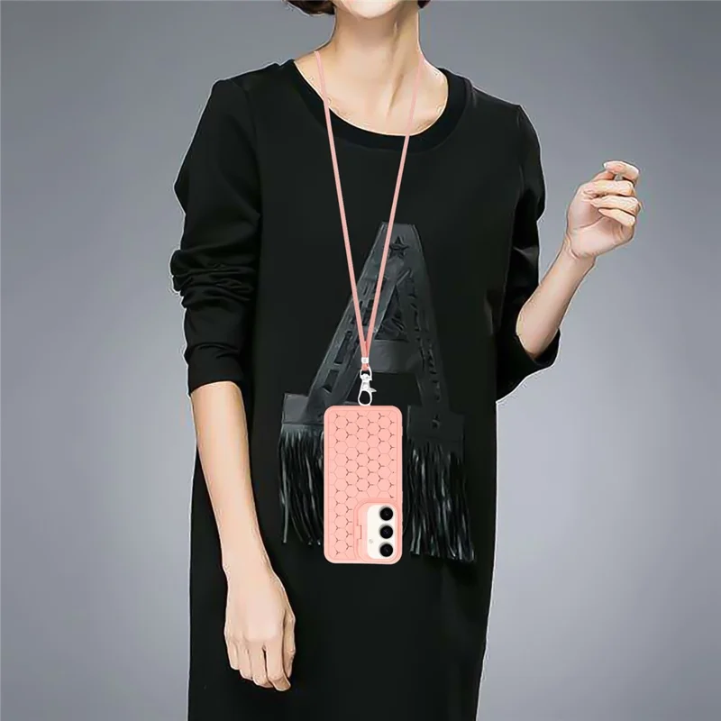 For Samsung Galaxy S24+ Magnetic Phone Case Lens Frame Kickstand TPU Cover with Lanyard - Pink